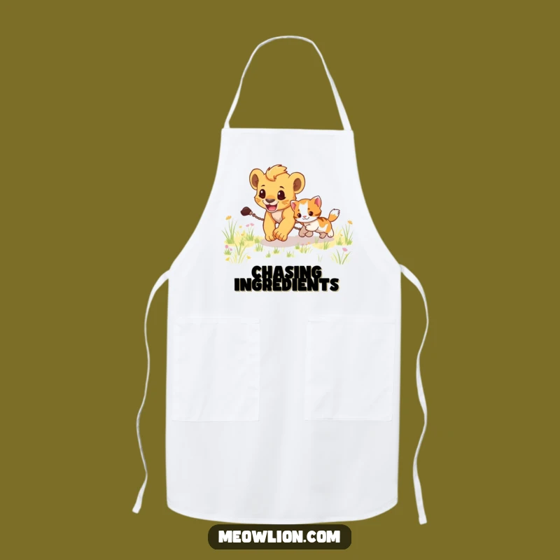Funny Lion Cub Chasing Kitten Apron: Playful Kitchen Wear, Hilarious Gift