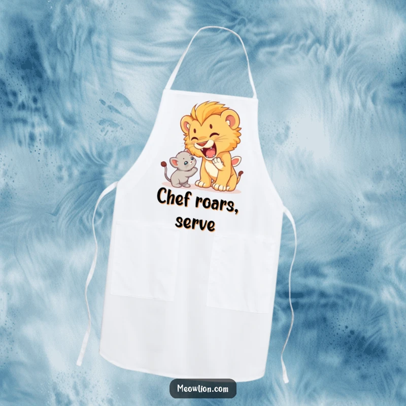Funny apron depicting a cute lion cub roaring playfully at a startled but unafraid kitten, perfect for a brave cook.
