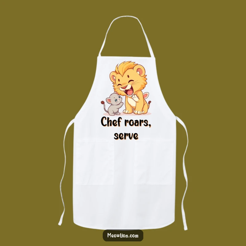 Cook up some bravery and laughs with this funny apron! A lion cub's playful roar meets a brave kitten, making your kitchen adventures more entertaining.