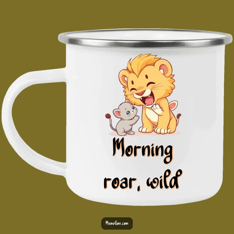 Funny Lion Cub Roaring at Kitten Camping Mug: Brave Enamel Cup, Hilarious Gift