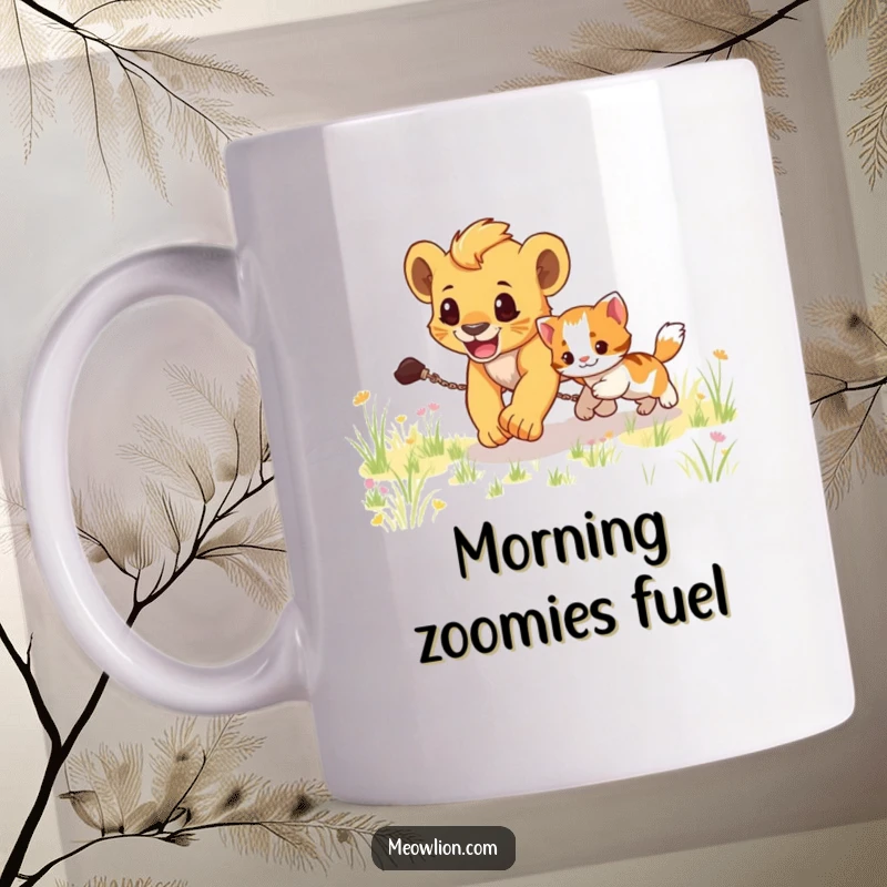 Funny mug depicting a small, energetic lion cub joyfully chasing a playful kitten through a vibrant green grassy field.