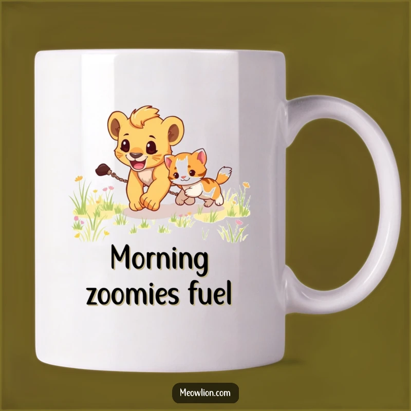 Funny Lion Cub Chasing Kitten Mug: Energetic Animal Fun, Perfect Gift