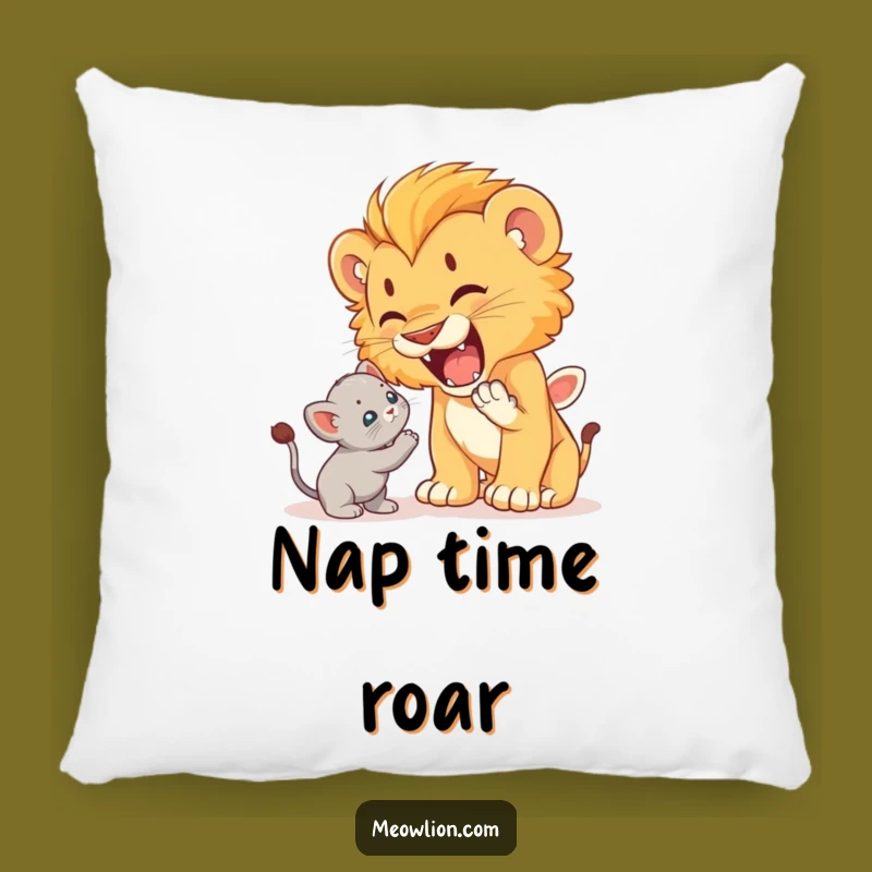 Funny Lion Cub Roaring at Kitten Pillow: Cozy Brave Cushion, Hilarious Gift