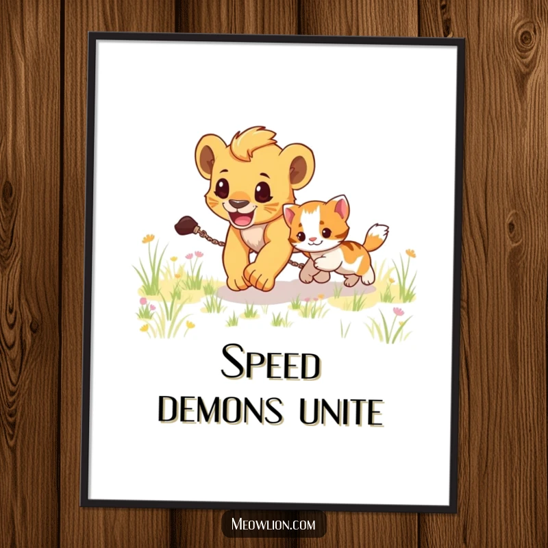 Funny digital art print of an energetic lion cub joyfully chasing a small kitten across a grassy field, full of life.