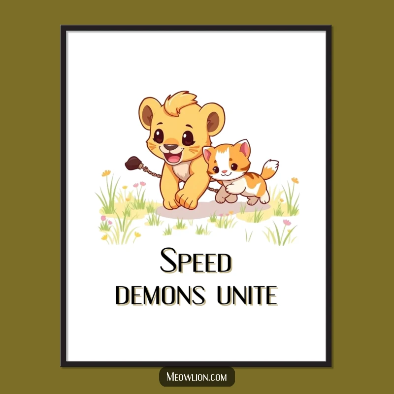Funny Lion Cub Chasing Kitten Digital Print: Energetic Art, Hilarious Gift