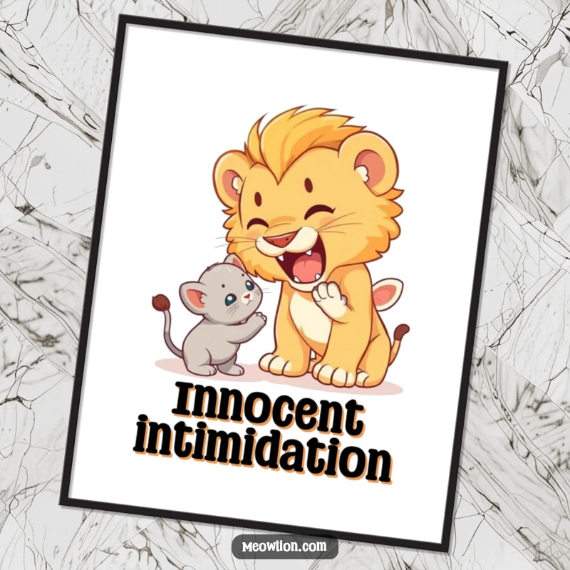 Funny digital art print of a cute lion cub playfully roaring at a startled but unafraid kitten, full of humor.