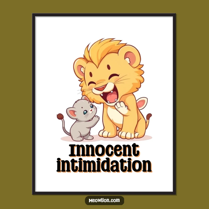 Funny Lion Cub Roaring at Kitten Digital Print: Brave Art, Hilarious Decor Gift