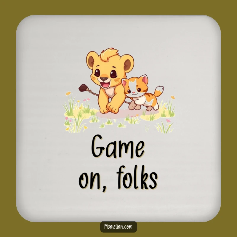 Funny Lion Cub Chasing Kitten Coaster: Playful Drink Accessory, Hilarious Gift