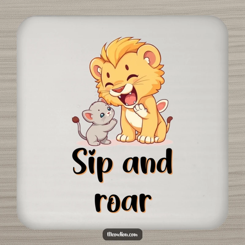 Funny drink coaster featuring a cute lion cub roaring playfully at a startled but unafraid kitten, adding brave humor.