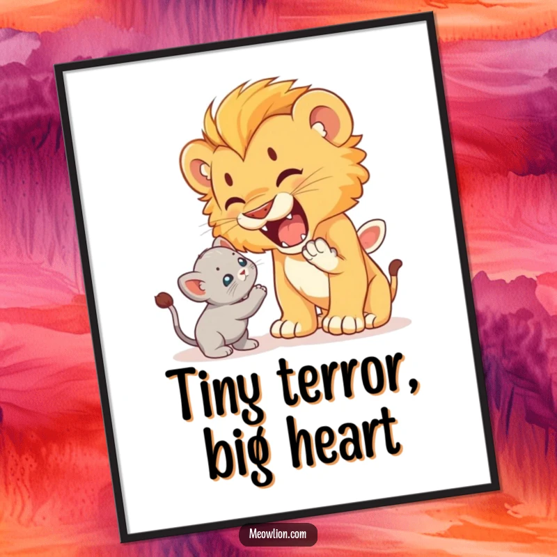 Funny poster of a cute lion cub playfully roaring at a startled but unafraid kitten, capturing a humorous moment.