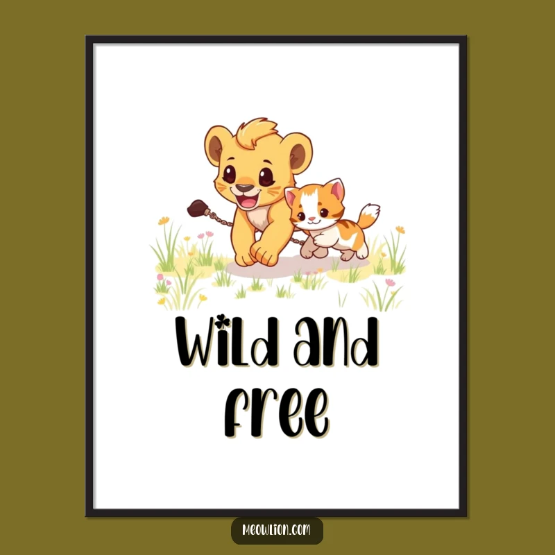Funny Lion Cub Chasing Kitten Poster: Energetic Wall Art, Hilarious Gift