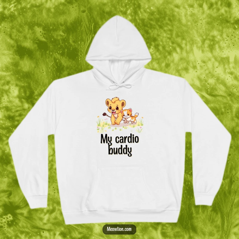Funny hoodie featuring a small lion cub energetically chasing a cute kitten through a sunlit grassy field, cozy and humorous.