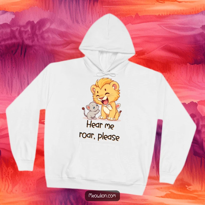 Funny hoodie featuring a cute lion cub playfully roaring at a startled but unafraid kitten, warm and humorous.