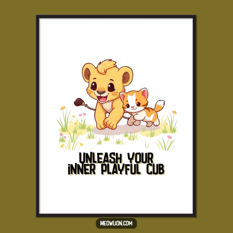 Free Printable Wall Art: Lion Cub & Kitten Chase, Humorous Downloadable Art for Playful Spaces