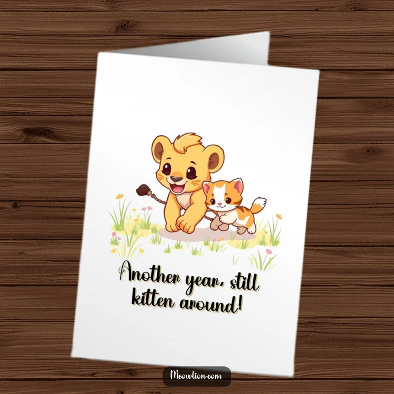 Funny Free Printable Birthday Card: Energetic lion cub playfully chasing a small kitten through a sunny grassy field in a birthday frolic.