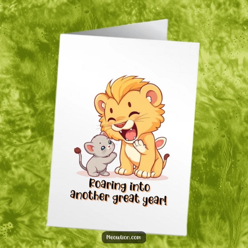 Funny Free Printable Birthday Card: Cute lion cub playfully roaring at a startled but unafraid kitten, celebrating a birthday with humorous energy.