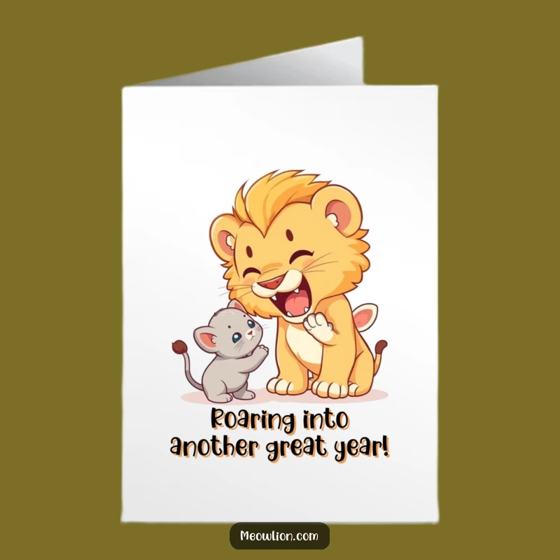 Free Printable Birthday Card: Lion Cub Roars at Kitten, Hilarious Downloadable Gift for a Bold Celebration