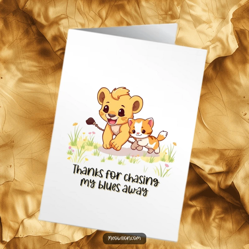 Funny Free Printable Thank You Card: Energetic lion cub chasing a kitten across a grassy field, conveying thanks with playful movement.