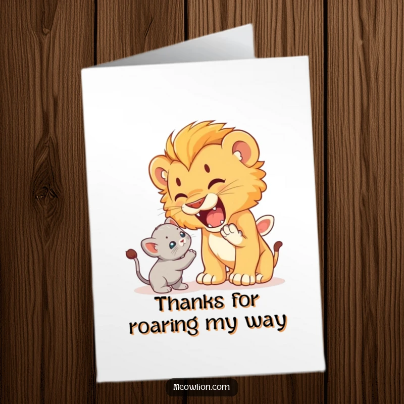 Funny Free Printable Thank You Card: Cute lion cub playfully roaring at a startled kitten, conveying thanks with a humorous, bold gesture.