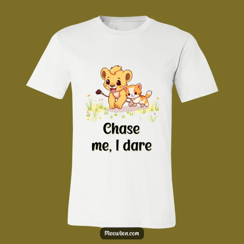 Funny Lion Cub Chasing Kitten T-Shirt: Playful Animal Tee, Great Gift