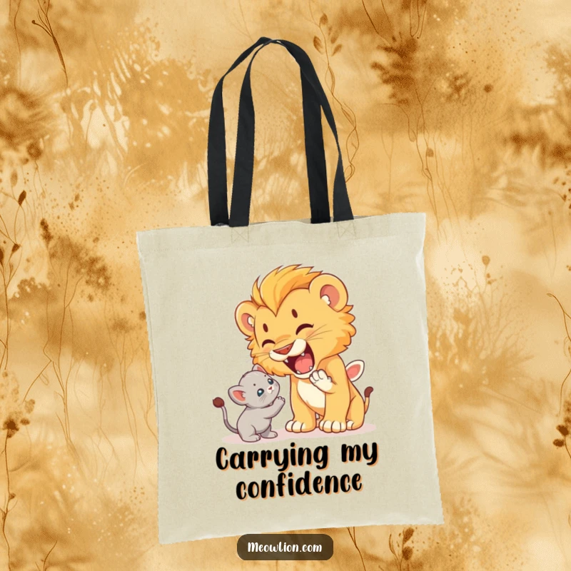 Funny tote bag depicting a cute lion cub roaring playfully at a startled but unafraid kitten, great for shopping.