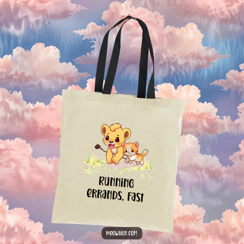 Funny tote bag depicting a lion cub energetically chasing a small kitten across a green grassy field, a humorous accessory.