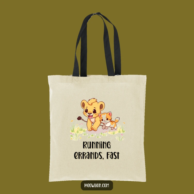 Carry your belongings with a smile with this funny tote bag! It illustrates a joyful chase between a lion cub and a kitten, perfect for daily errands.